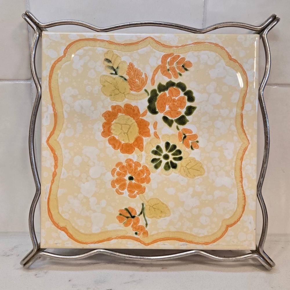 Vintage Semigres Italy Ceramic Floral Tile Trivet Chrome Stand Orange Green